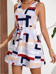 Geometric Print Sleeveless Mini Dress with Belt