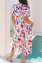 Abstract Print Short Puff Sleeve Tiered Maxi Dress