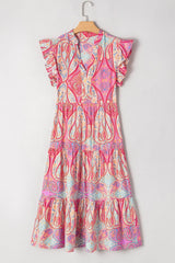 Tribal Paisley Print Ruffled Sleeve Notch Neck Midi Dress
