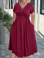 V-Neck Short Sleeve Midi Dress
