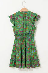 Floral Tie Split Neck Frilly Ruffle Trim Tiered Short Dress