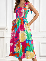 Smocked Printed Tie Shoulder Midi Dress