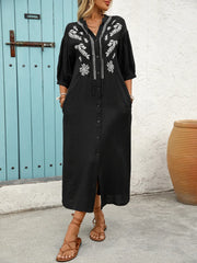 Embroidered Notched Half Sleeve Midi Dress