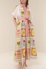 Printed Short Sleeve Belted Maxi Dress