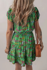 Floral Tie Split Neck Frilly Ruffle Trim Tiered Short Dress