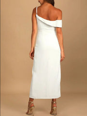 Split Asymmetrical Neck Midi Dress