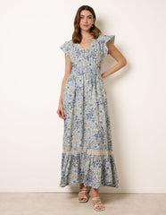 Ditsy Floral Print Shirred Waist Button Front Maxi Dress