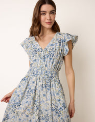 Ditsy Floral Print Shirred Waist Button Front Maxi Dress