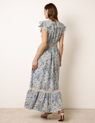 Ditsy Floral Print Shirred Waist Button Front Maxi Dress