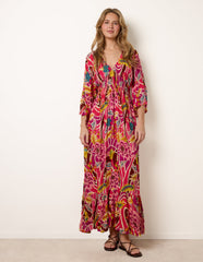Tropical Print V-Neck Maxi Dress