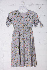 Kids Adorable Blue Smocked Waist Floral Bow Tie Sleeve Dress