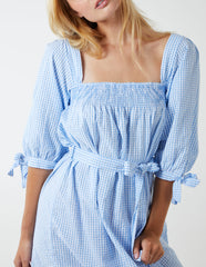 Gingham Milkmaid Square Neck Shirred Swing Dress