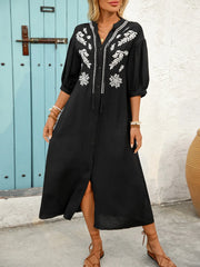 Embroidered Notched Half Sleeve Midi Dress