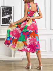 Smocked Printed Tie Shoulder Midi Dress