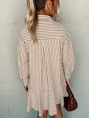 Stripe Ruffled Hem Collared Long Sleeve Shirt Mini Dress