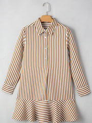 Stripe Ruffled Hem Collared Long Sleeve Shirt Mini Dress