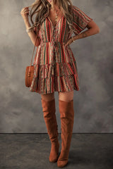 Bohemian Floral Print Buttoned V Neck Ruffle Tiered Dress
