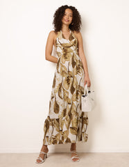 Leaf Print Halter Neck Dress
