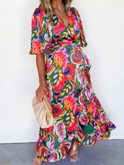 Floral Print Wrap Maxi Dress with Ruffle Details
