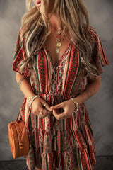 Bohemian Floral Print Buttoned V Neck Ruffle Tiered Dress
