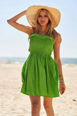 Davi & Dani Smocking Halter Neck Tie Open Back Mini Dress