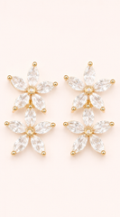 Rosalie Twin Flower Rhinestone Stud Earrings - Gold