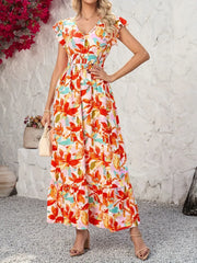 Ruffled V-Neck Cap Sleeve Dress