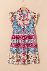 Floral Mixed Pattern Ruffle Flutter Sleeve Buttoned Dress