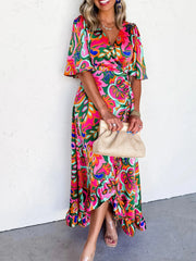 Floral Print Wrap Maxi Dress with Ruffle Details