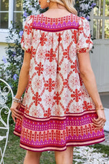 Boho Floral Short Sleeve Tie Neck Mini Dress