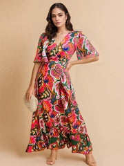 Floral Print Wrap Maxi Dress with Ruffle Details