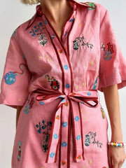 Embroidered Tie Waist Shirt Dress