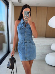 Button Front Sleeveless Denim Mini Dress