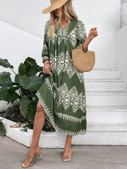 Printed Notched Midi Dress with Pockets