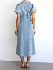 Puff Sleeve Button Front Denim Midi Dress