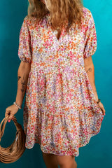 Floral Puff Sleeve Notched Tiered Mini Dress