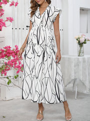 Abstract Print Ruffle Sleeve V-Neck Midi Dress