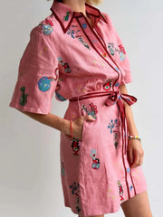 Embroidered Tie Waist Shirt Dress