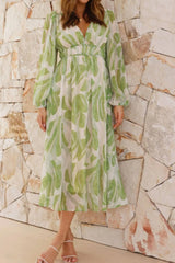 Printed V-Neck Long Sleeve Midi Dress