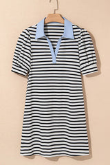 Stripe Contrast V Neck Collared Puff Sleeve T Shirt Mini Dress with Pockets