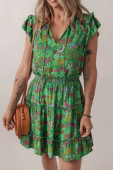 Floral Tie Split Neck Frilly Ruffle Trim Tiered Short Dress