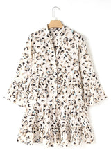 Leopard Print Buttoned Front 3/4 Sleeve Tiered Ruffled Hem Dress