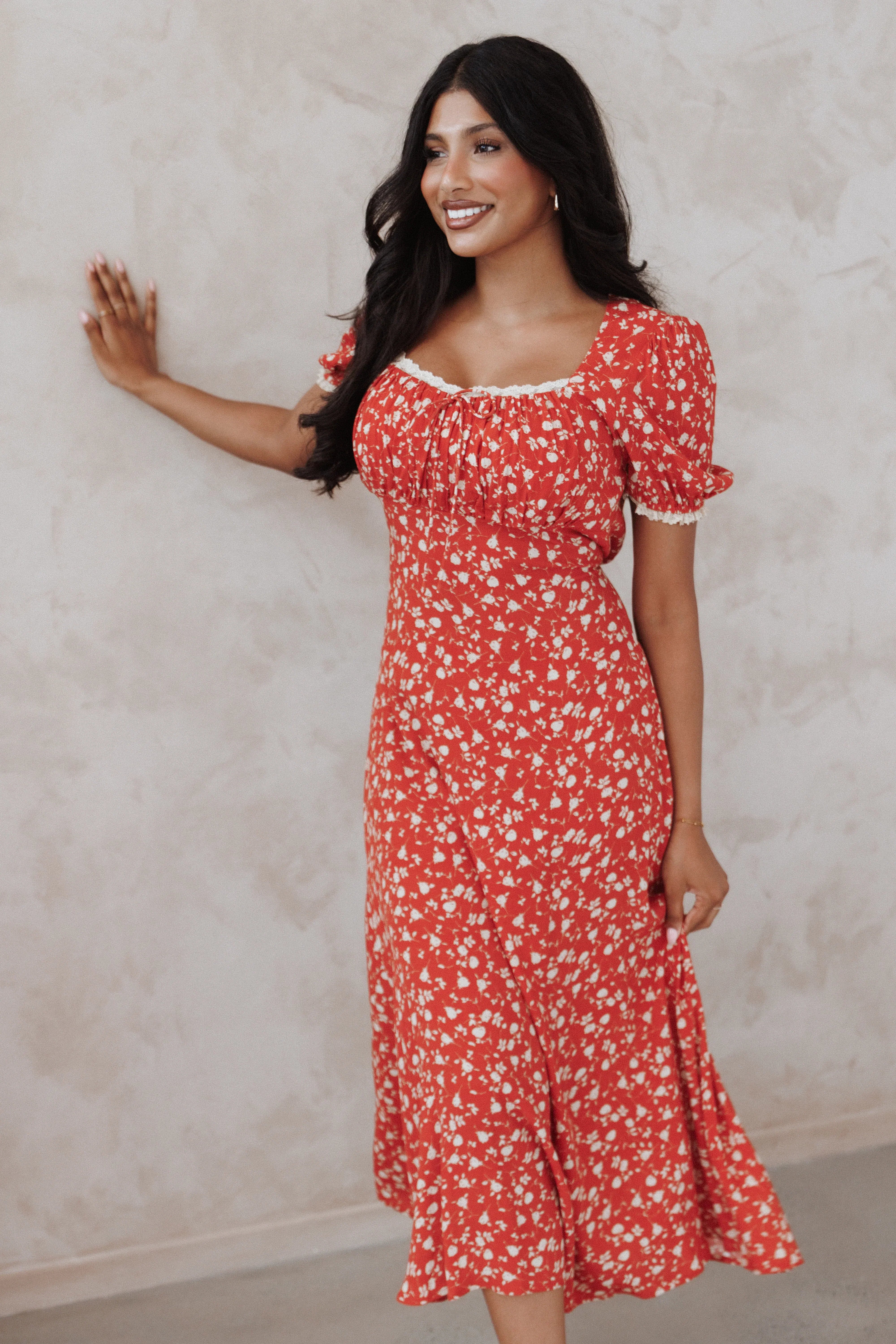 Francine Lace Midi Dress - Red Floral