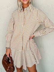 Stripe Ruffled Hem Collared Long Sleeve Shirt Mini Dress