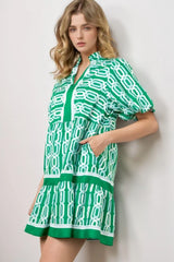 Abstract Patterned V Neck Puff Short Sleeve Mini Dress