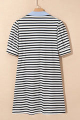 Stripe Contrast V Neck Collared Puff Sleeve T Shirt Mini Dress with Pockets