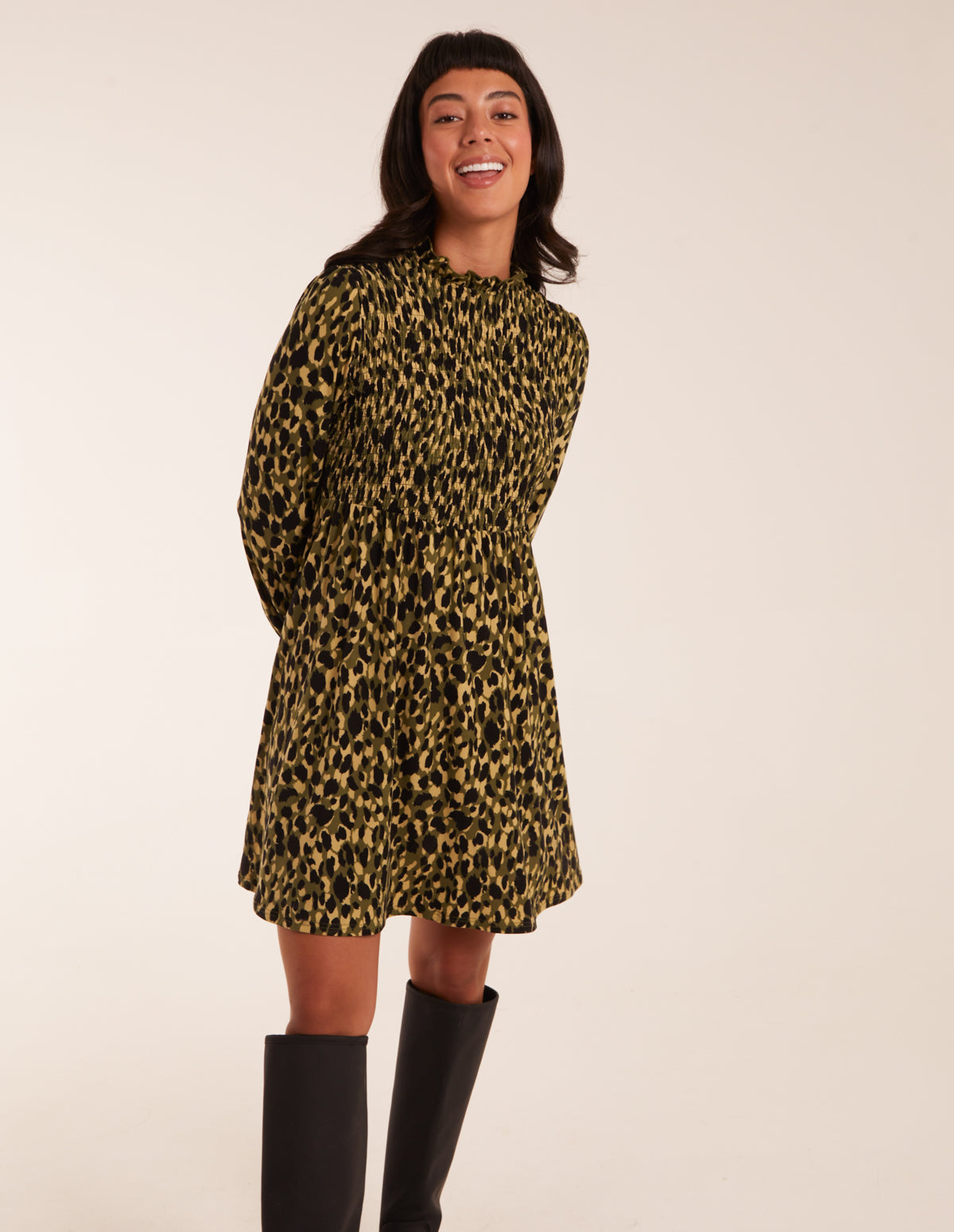 Shirred Trapeze Frill Neck And Sleeve Mini Dress