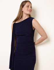 Drape Brooch Detailing Ruched Maxi Dress