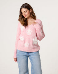 V Neck Flower And Pearl Jumper