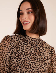Leopard Print High Neck Wrap Frill Hem Midi Dress